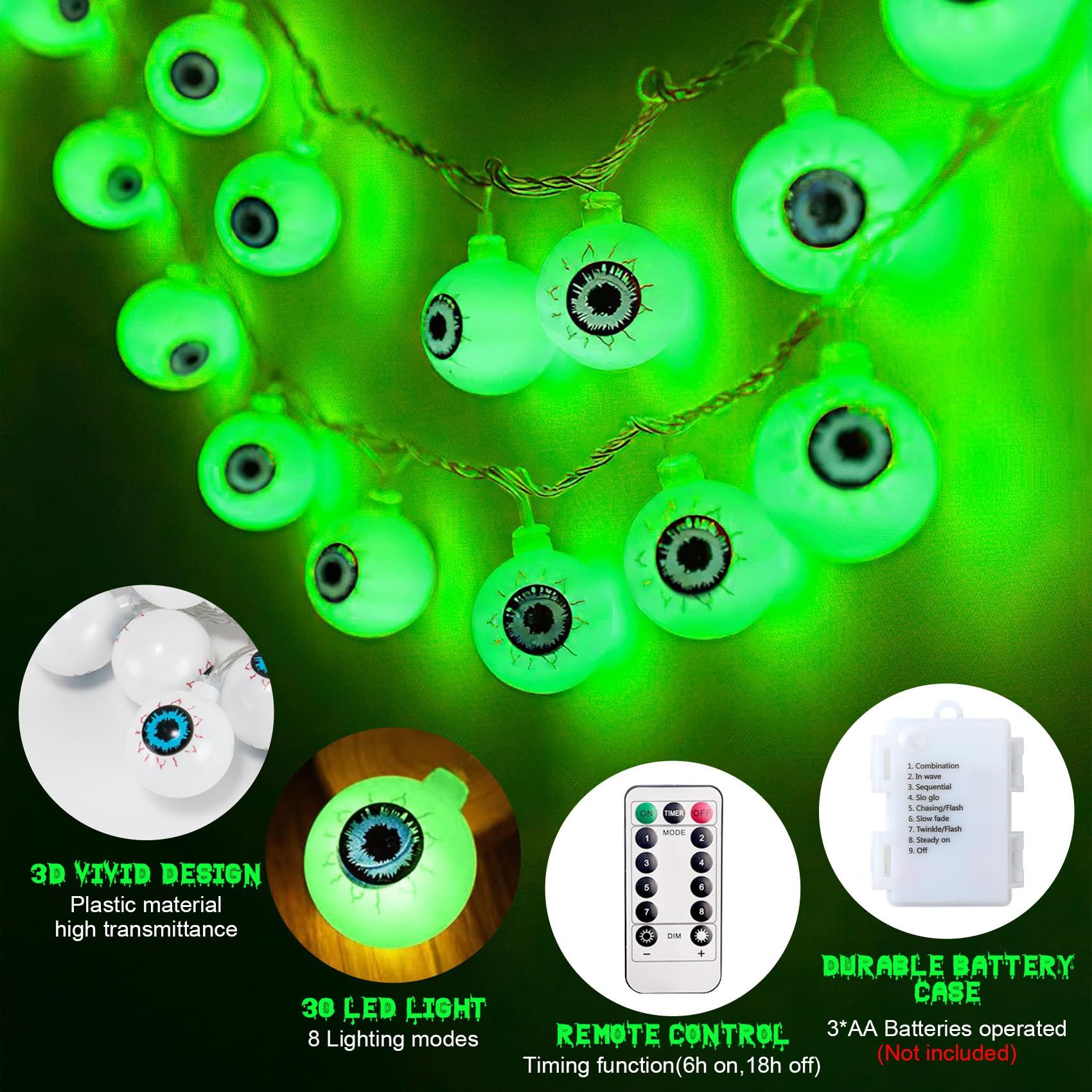 Halloween łańcuch 5m 30 LED zielone gałki oczne 8 trybów