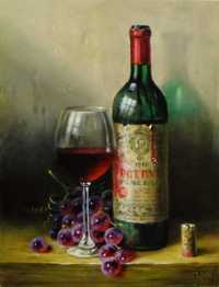 Картина маслом.  Столовый натюрморт с красным вином