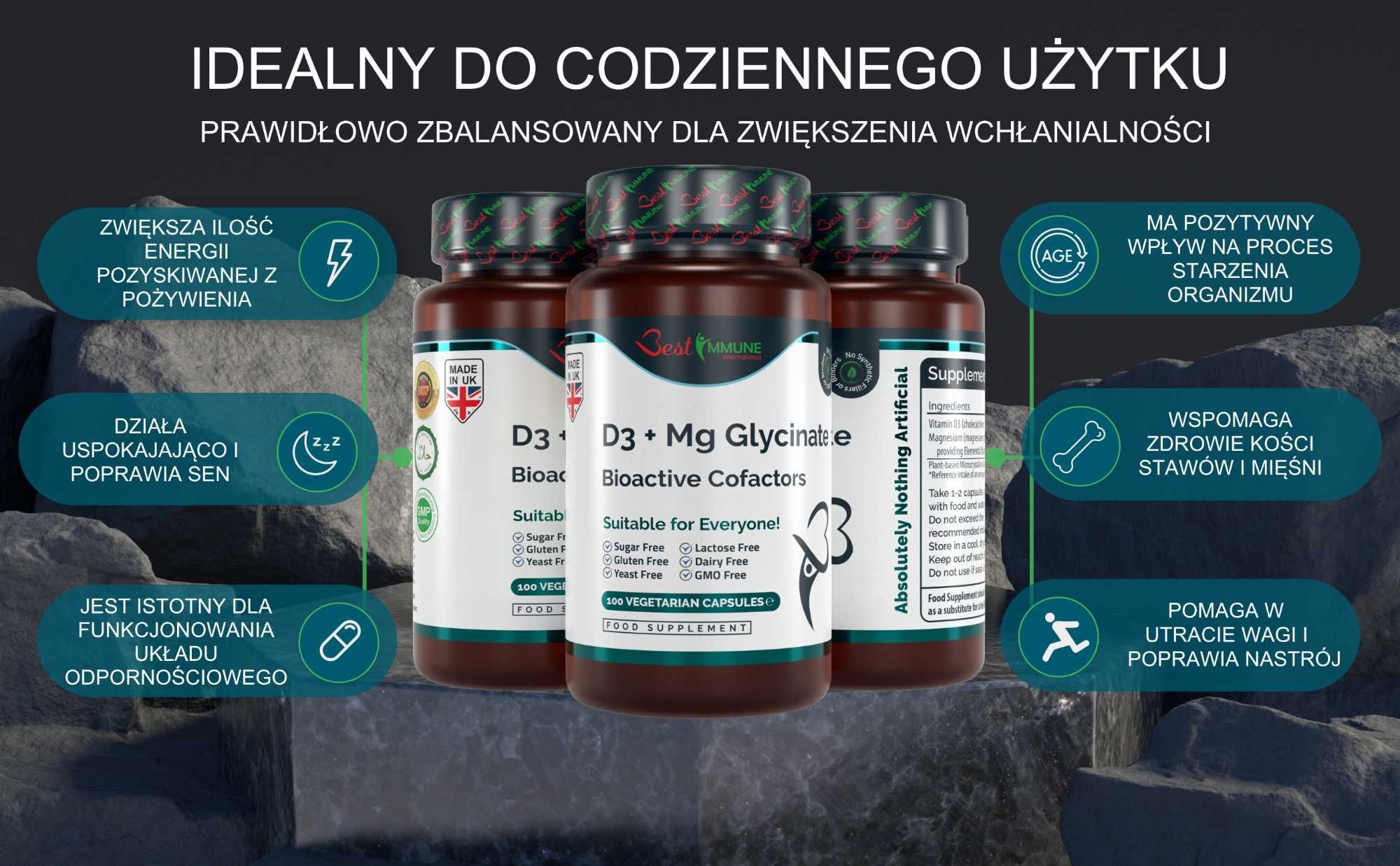 Glicynian Magnezu 400mg Witamina D3 1000IU Naturalny Biodostępny