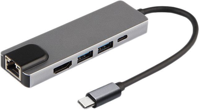 Адаптер 5 in 1 Type-C to HDMI, 2xUSB3.0, PD, LAN(RJ45)