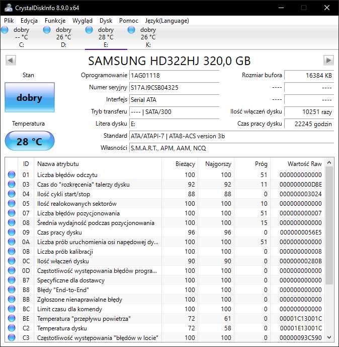 Dysk twardy HDD SAMSUNG 320GB HD322HJ 100% Sprawny