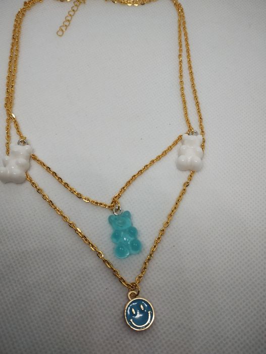 Łańcuszek z zawieszkami podwójny naszyjnik misie emotki błękit preppy