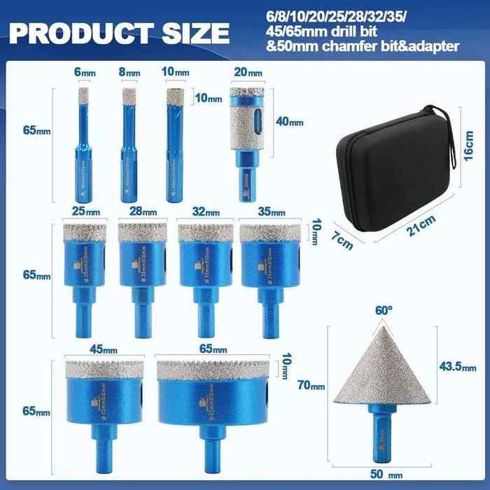 Алмазні свердла-коронки BRSCHNITT 6/8/10/20/25/28/32/35/45/65 та 50 мм