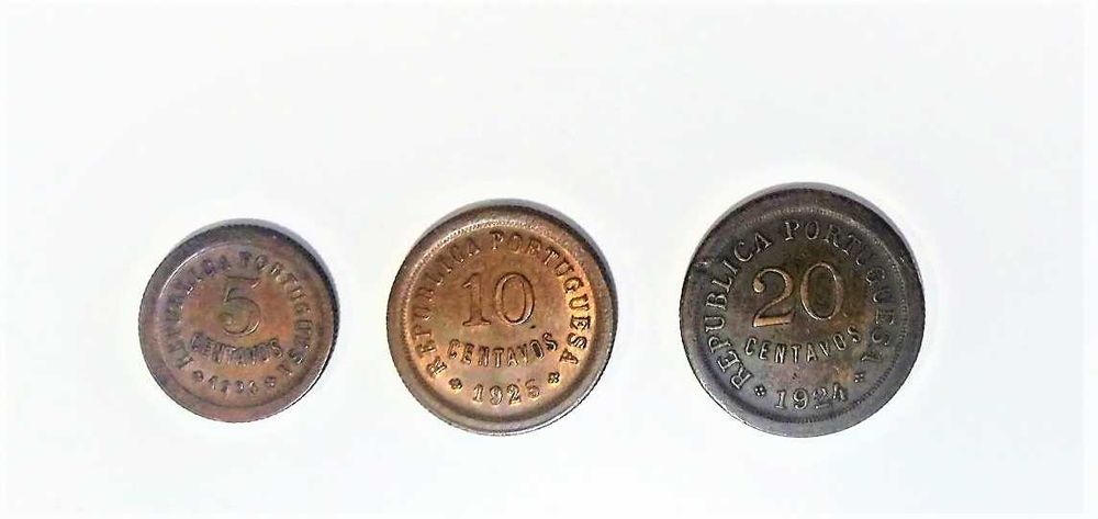 Moedas 5 centavos 1924, 10 centavos 1925, 20 centavos 1924