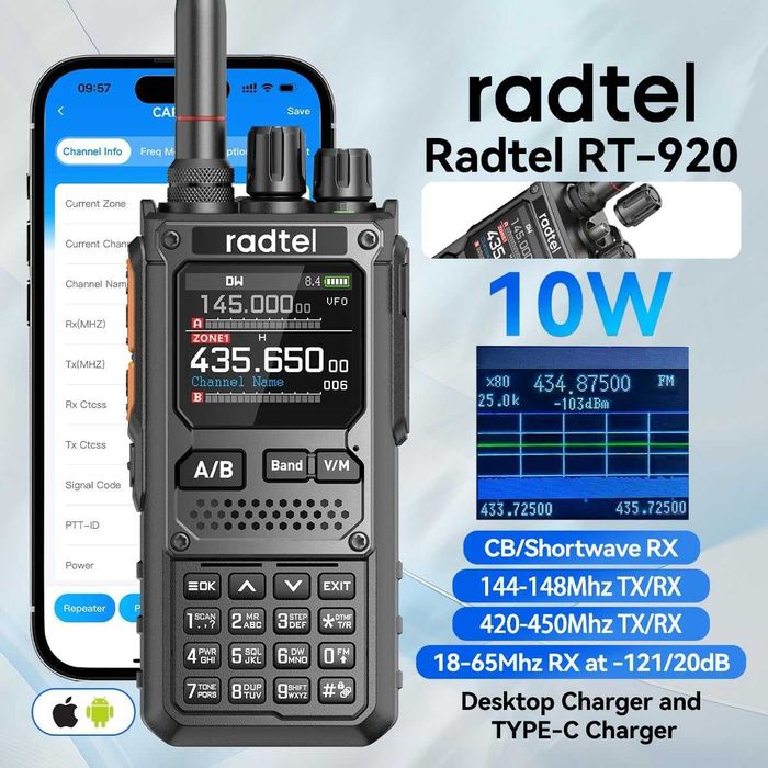 RADTEL RT-920 Walkie Talkie Radiotelefon – HF CB AM/FM 10W Bluetooth