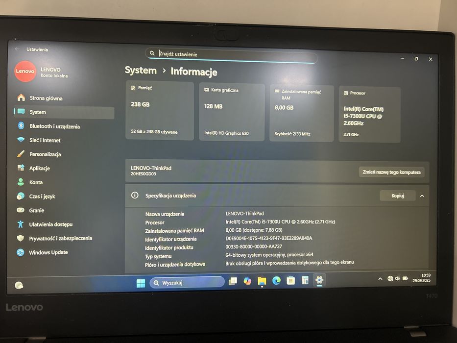 Laptop Poleasingowy Lenovo T470/SSD 256GB/DDR4-8GB/i5-7300 2,6GHz/14"/