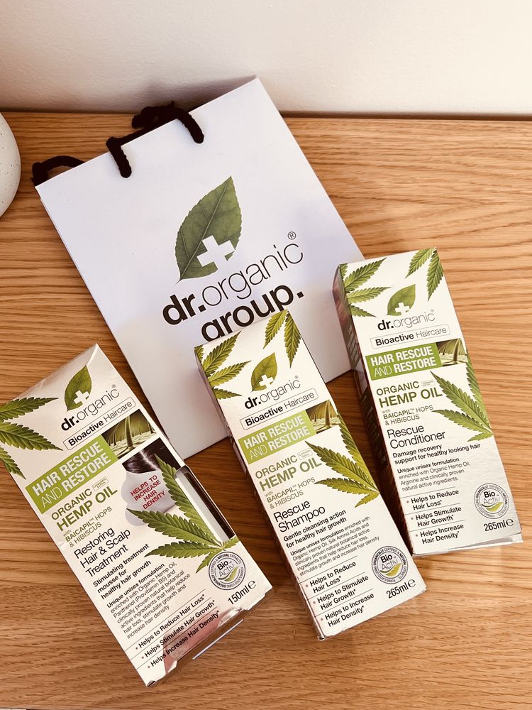 Dr Organic szampon odżywka olejek do włosów z olejem konopnym nowe