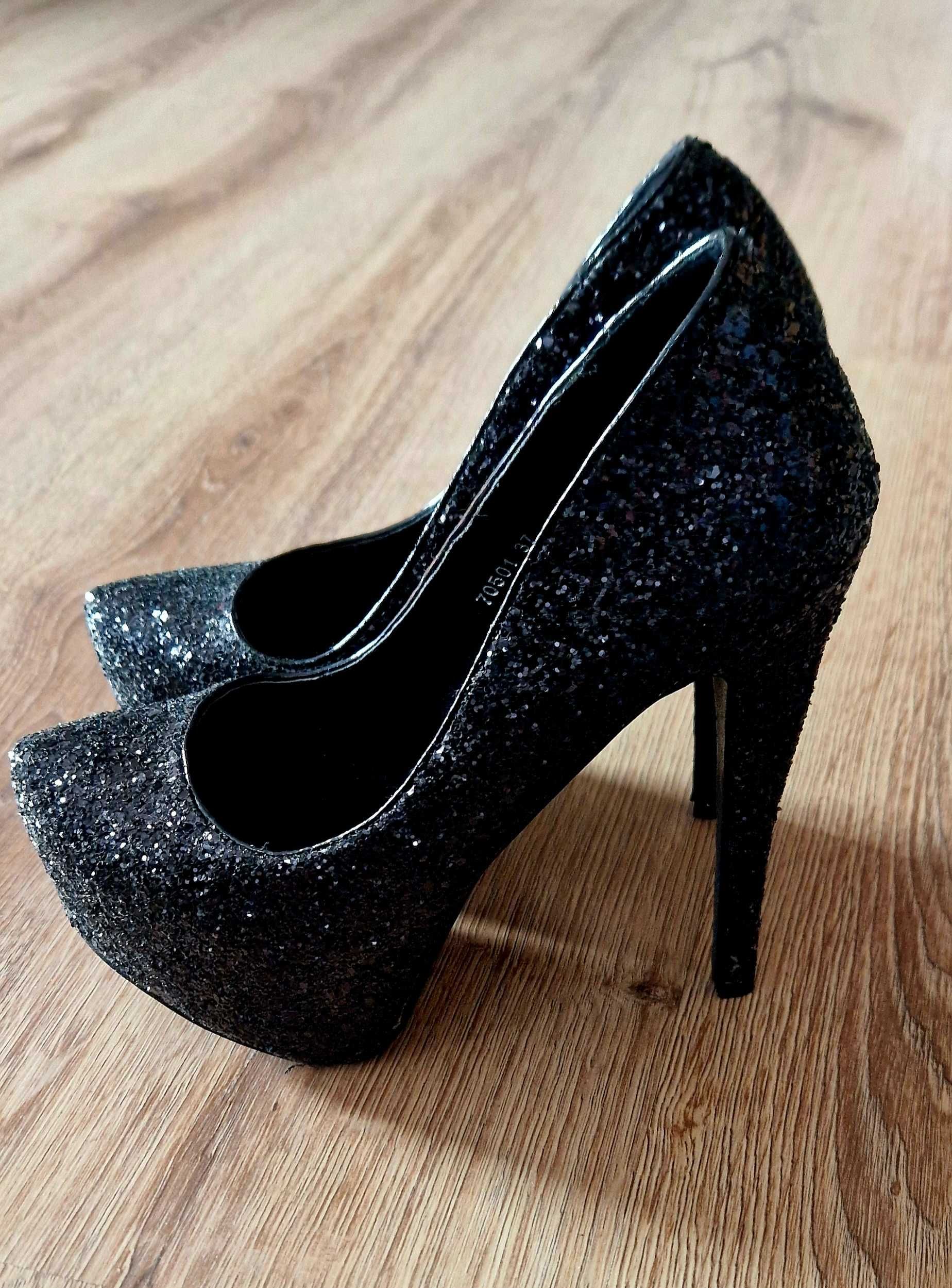 Buty damskie , czarne brokatowe szpilki