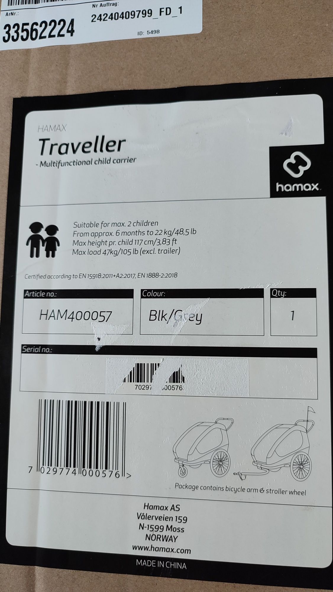 Nowy Hamax Traveller 2w1 szaro-czarny dla dwójki dzieci, przyczepka ro