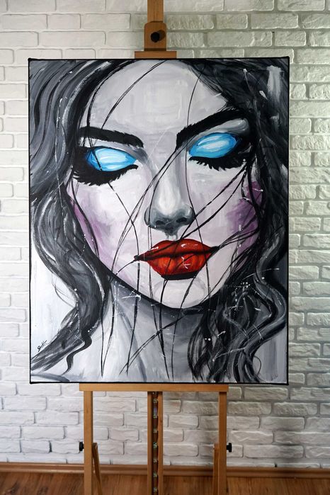 Duży nowy oryginalny obraz akrylowy portret czarno biały loft kobieta