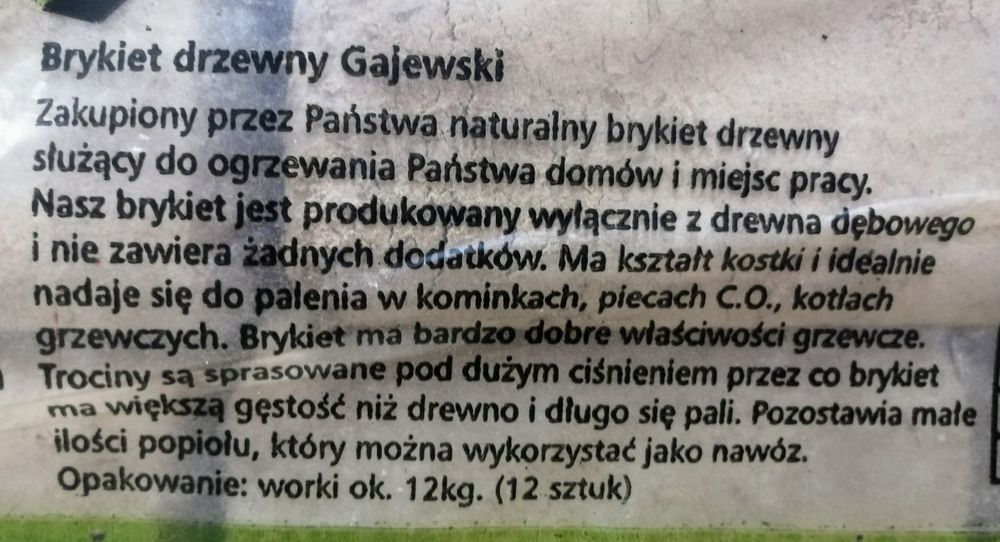 Brykiet Kominkowy Dąb. Opakowania 12 kg. Kostka.