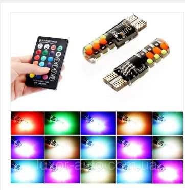 Автомобильная диодная лампа RGB LED T10 W5W с  ПДУ
