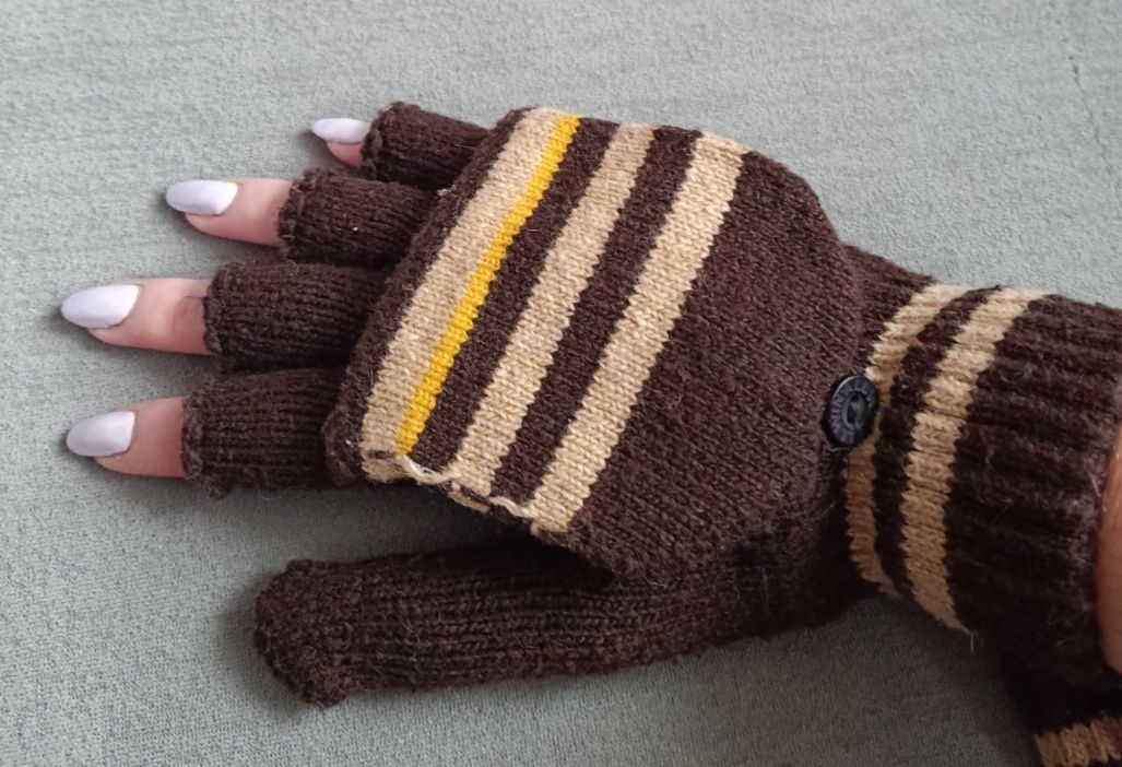 Nowe rękawiczki mitenki z klapką kolor brązowy w paski