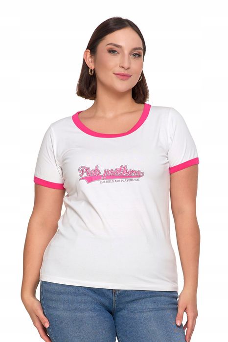 T-Shirt Koszulka Damska Bawełna Slim Z Napisami Biało-Różowy Moraj Xxl