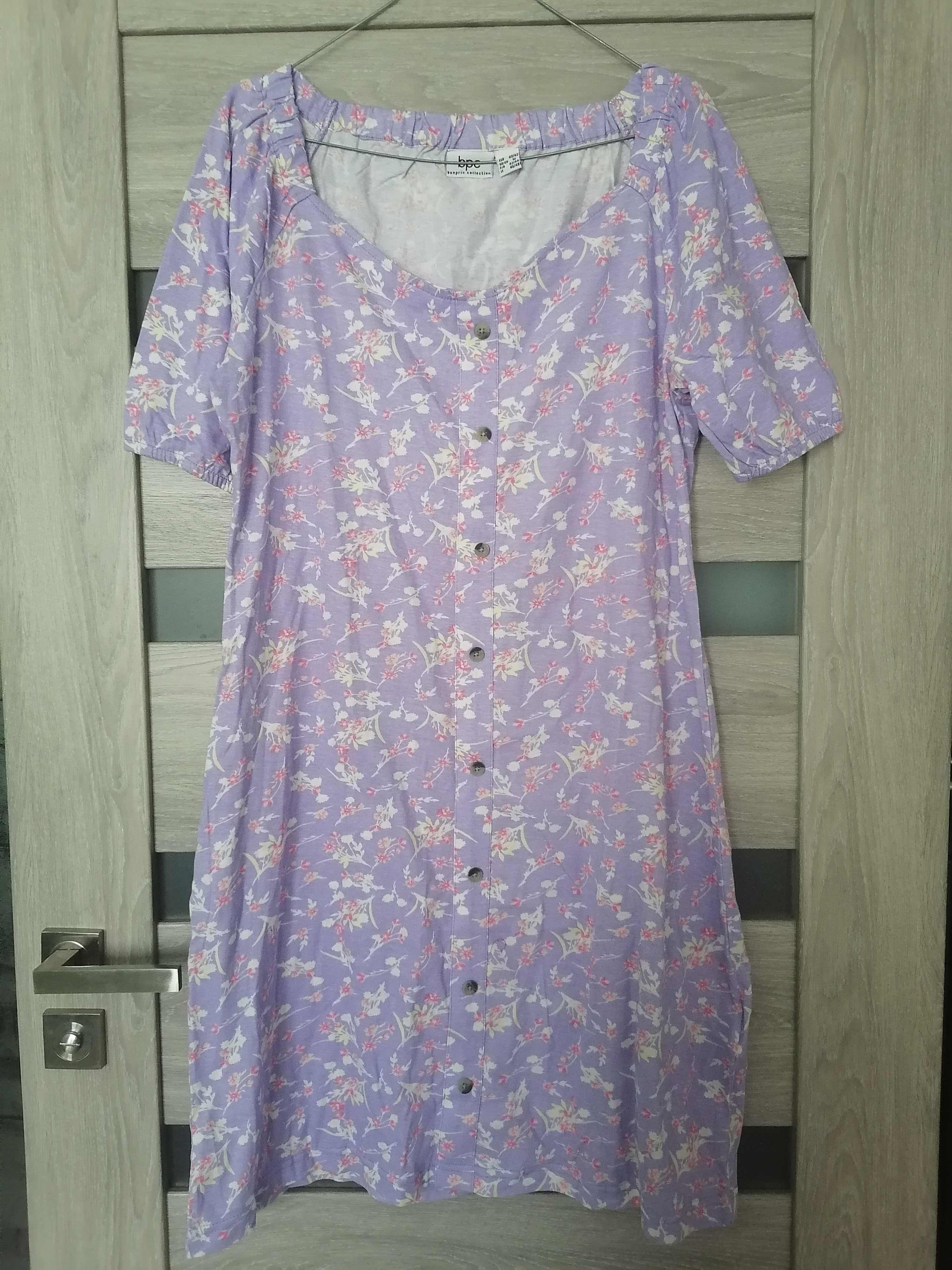 Nowa bawełniana sukienka fioletowa w kwiatki guziczki 40 42