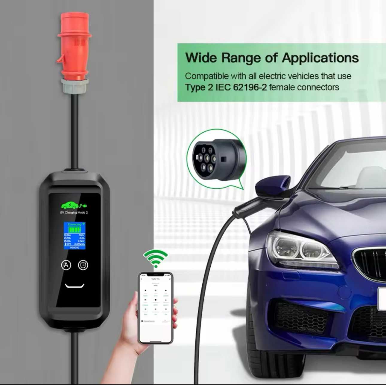 Carregador Portátil 22 kw - 32A - C/ APP - Veiculos Eletricos