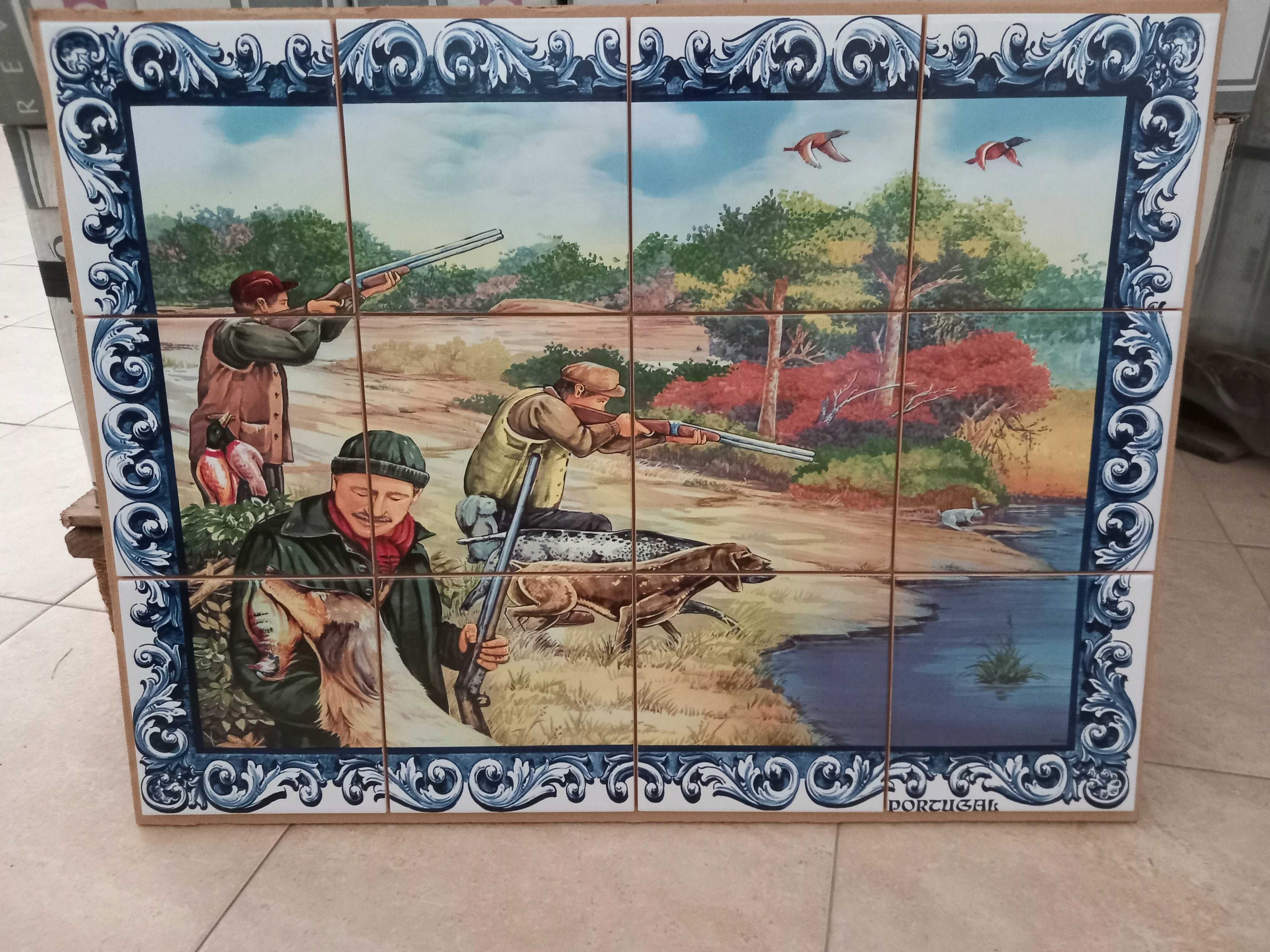 Painel de Azulejos CAÇADORES Cães de Caça Tiro à Perdiz 60x45CM Quadro