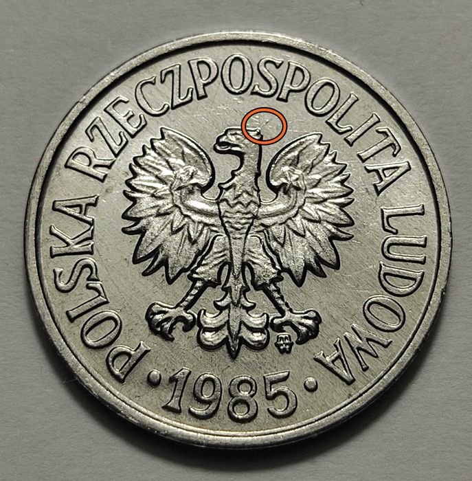 20 gr 1985 r., destrukt - cętkowany rewers - E5