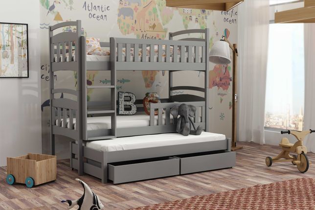 Piętrowe sosnowe łóżko wersja dla trójki dzieci WOJTEK 7 HIT