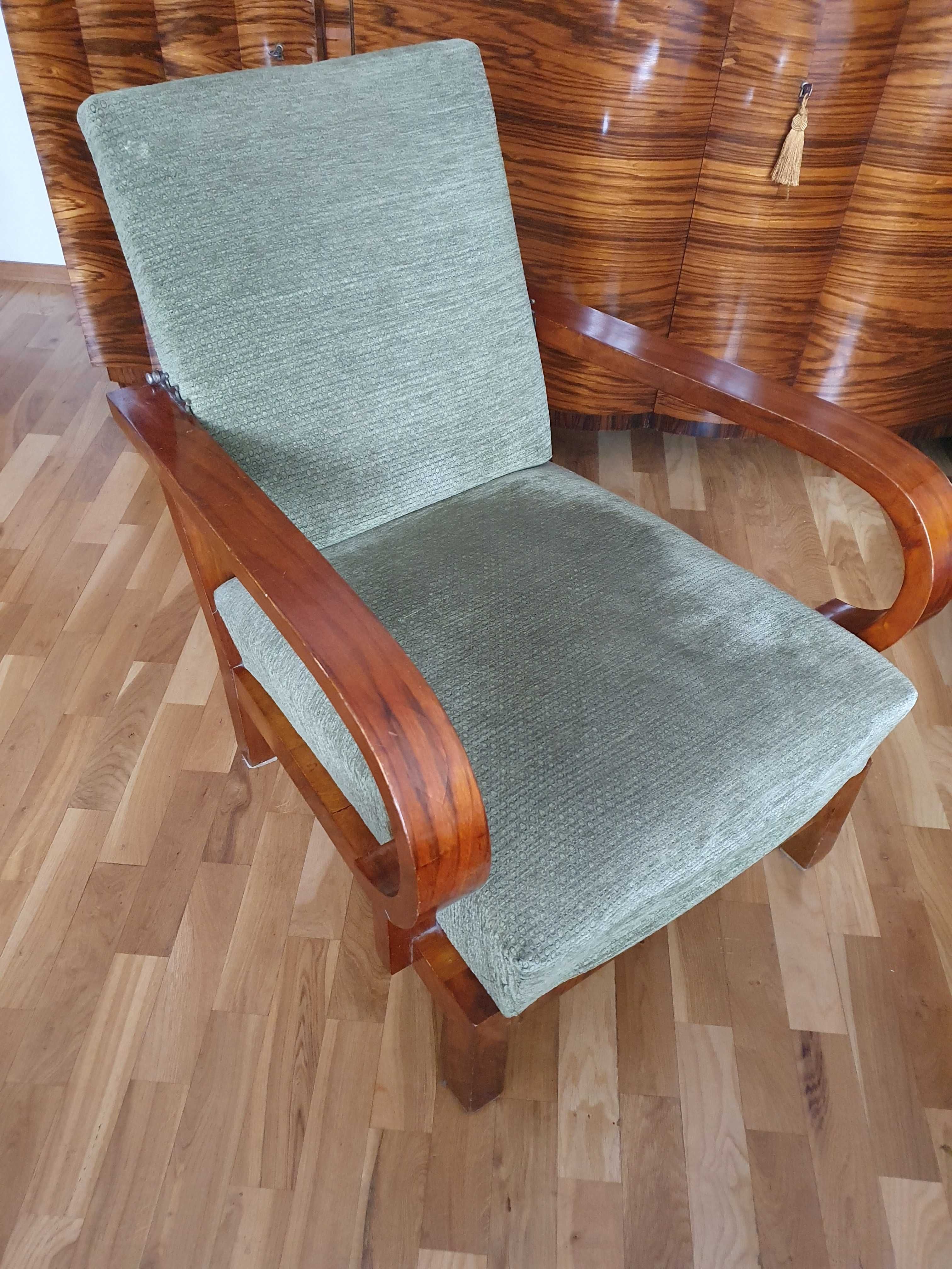 Fotel leniwiec Art Deco Polska lata 30-te z regulowanym oparciem.