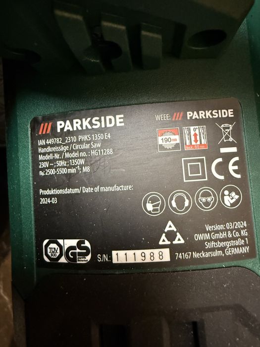 Ручна циркулярная пила Parkside PHKS 1350 E4 торцовка торцювальна