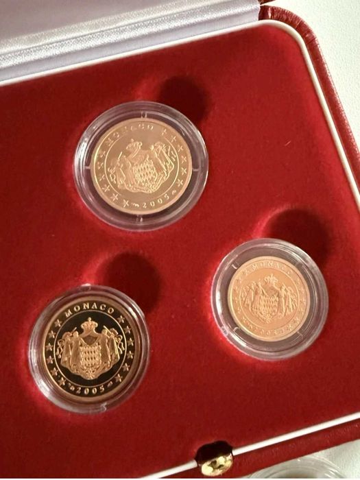 Moedas Proof 1-2-5 Euro Cent Mónaco, 2005, Príncipe Rainier III