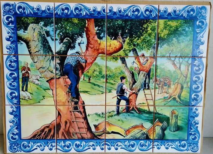 Quadro Azulejos Paisagem alentejana Gravura Trabalho Camponês Árvores