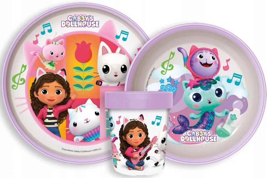 Zestaw obiadowy naczyń Koci Domek Gabi śniadaniowy kubek talerz miska