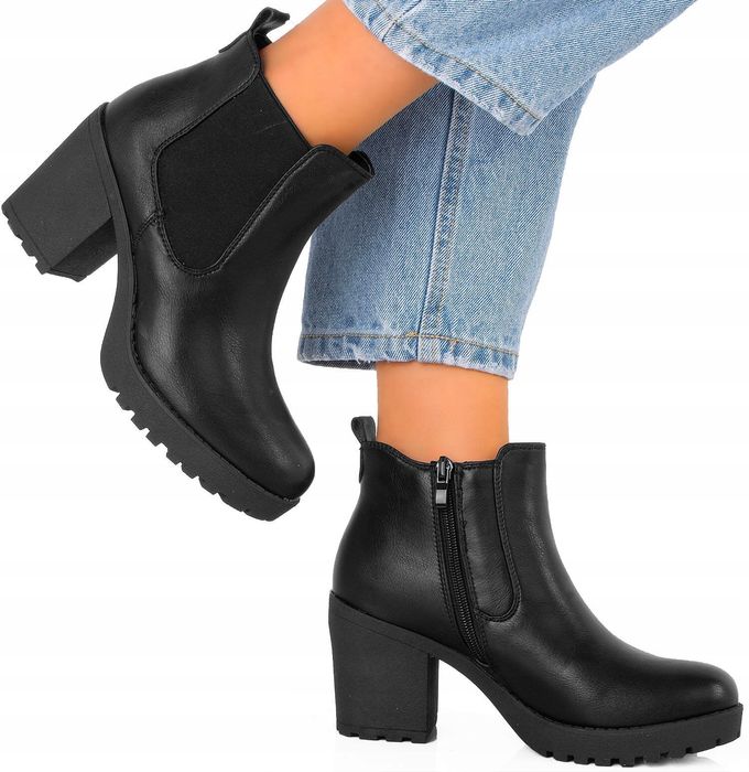 Buty botki damskie na słupku czarne 41 lekko ocieplane eleganckie