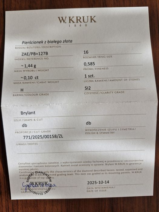 Pierścionek W. Kruk białe złoto brylant