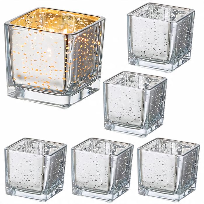 Szklany Świecznik Na Podgrzewacz  Srebrny Brokatowy Zestaw 6 Szt