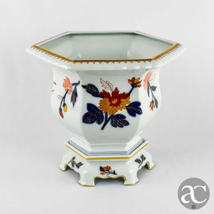 Cachepot hexagonal com base, porcelana Vista Alegre, Decoração Imari