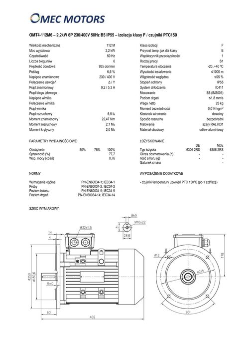 silnik elektryczny 2,2kW 900obr. 3fazowy 112B5 OMT