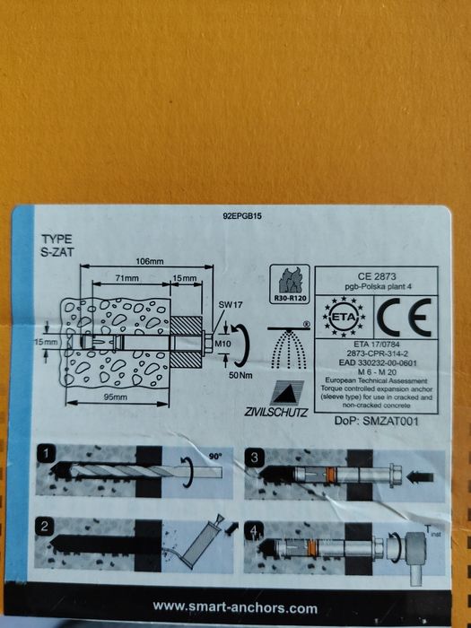 Kotwy rozporowe Smart S-ZAT M10x106 – 25 szt. / nowe