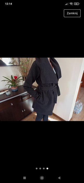 Szary płaszcz dzianinowy XS wiązany w pasie