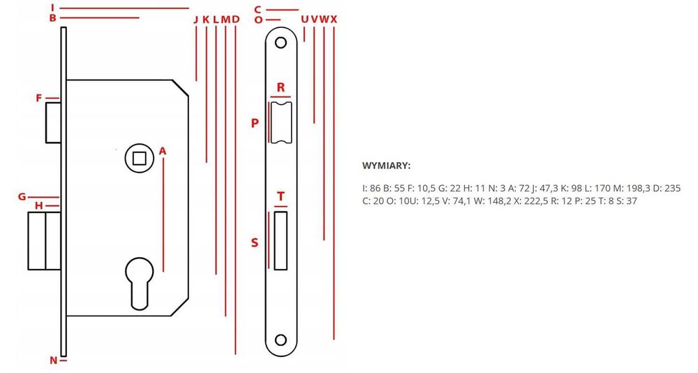 Zamek Wpuszczany Do Drzwi ( LEWE) 72/55 Klucz