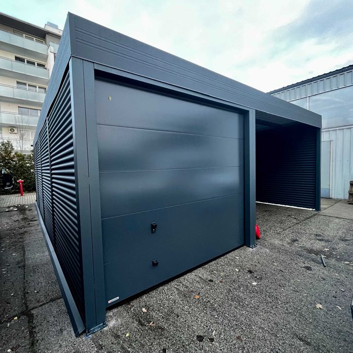 Nowoczesna wiata garażowa, carport z pomieszczeniem gospodarczym