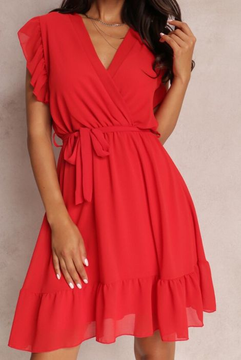 Czerwona sukienka z falbanką, rozmiar S