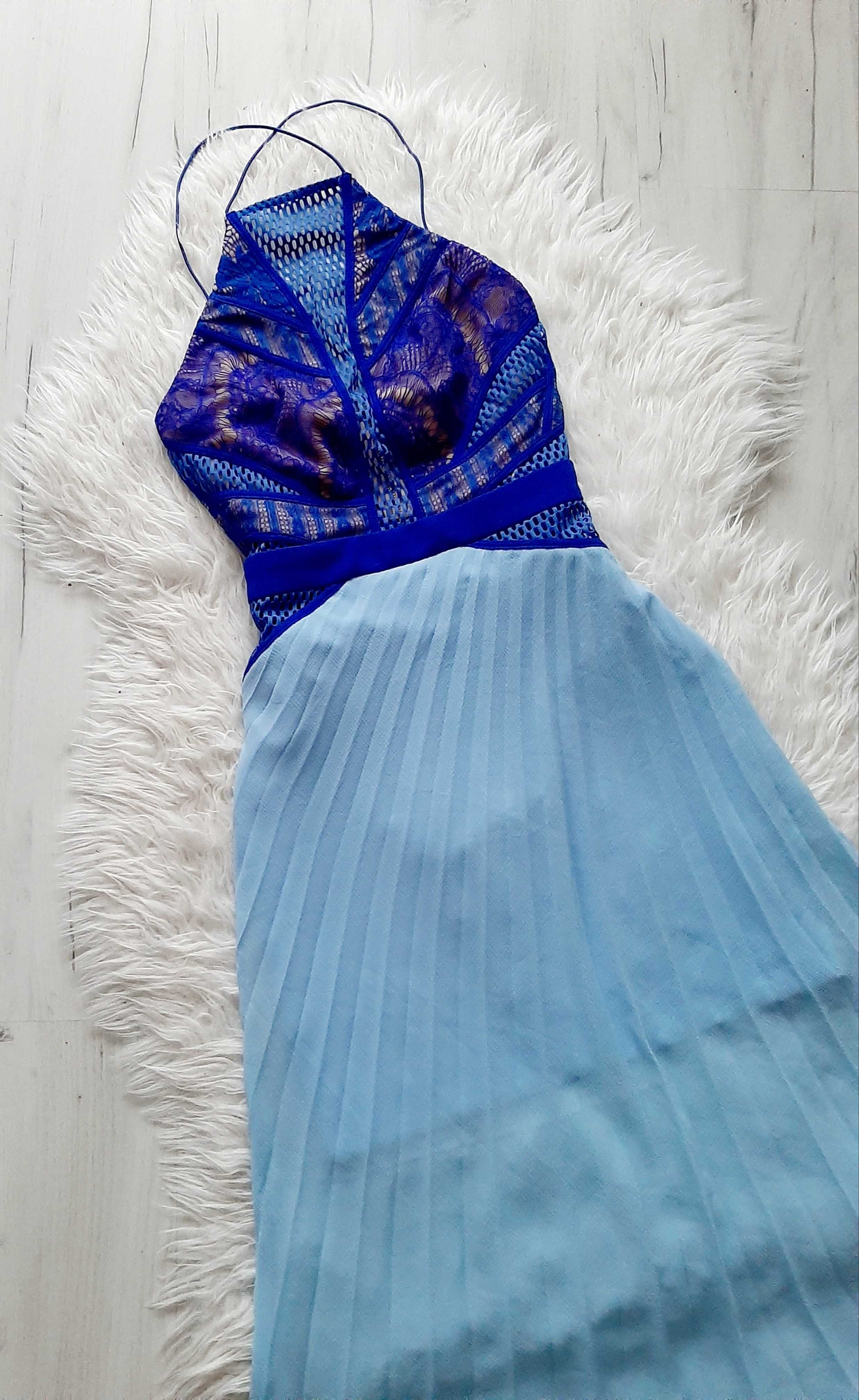 ASOS przepiękna niebieska plisowana sukienka z koronką 34 XS