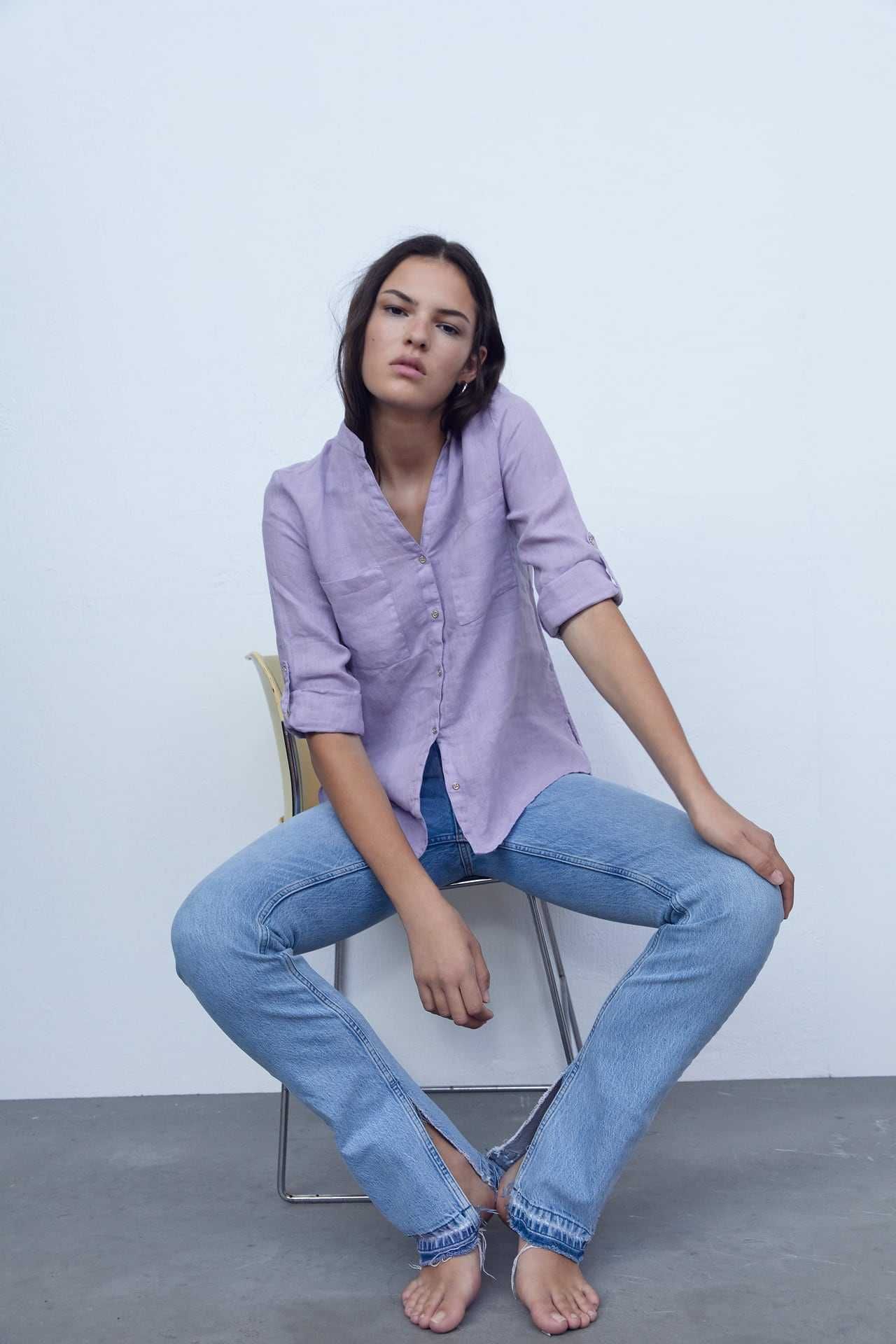 Льняна сорочка Zara лілова фіолетова льон літня з карманами Зара