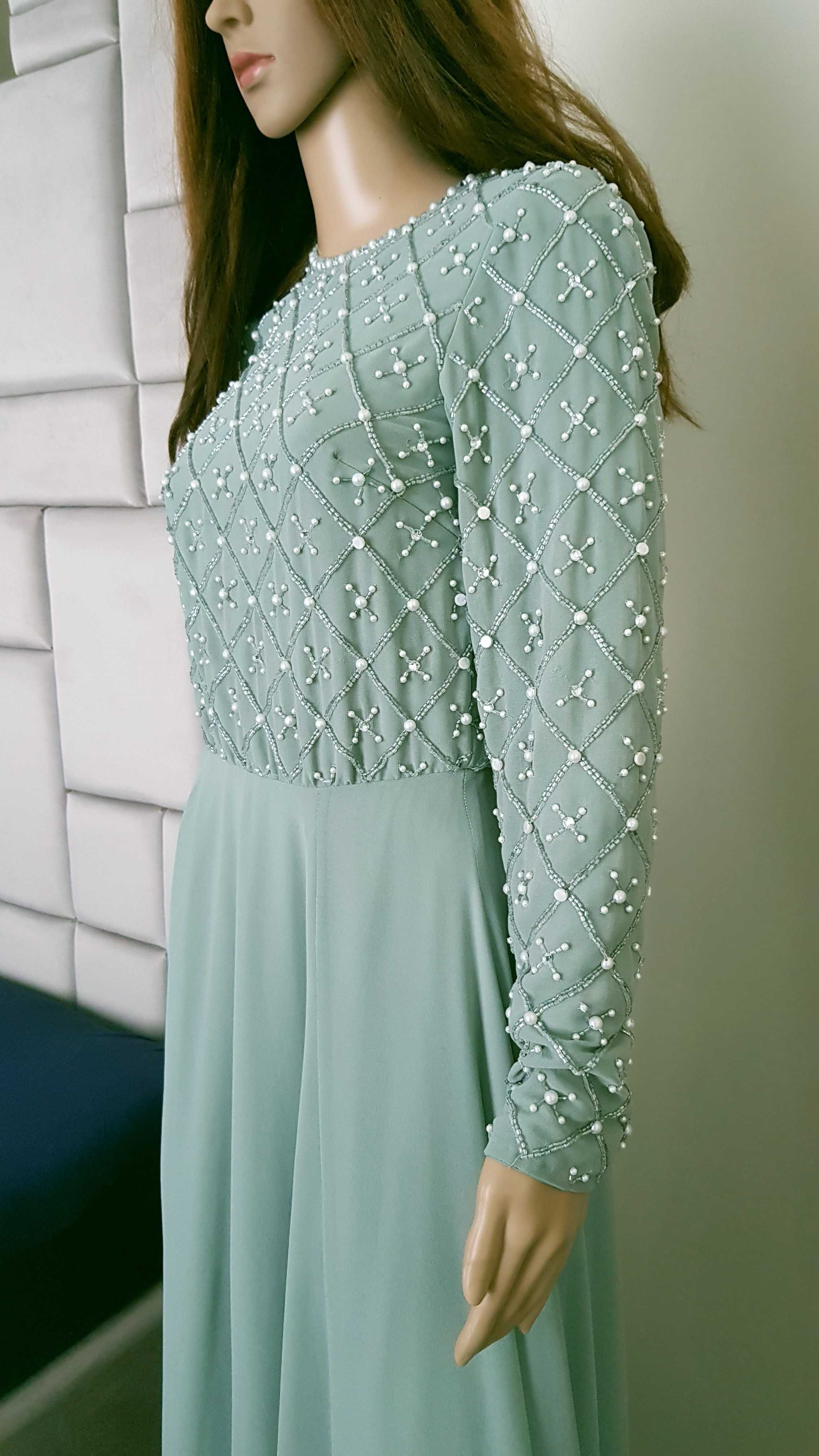 Miętowa sukienka maxi szyfonowa koraliki Asos XS