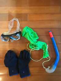 Mergulho - máscara, tubo, saco de rede e luvas