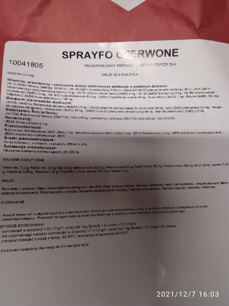 Sprayfo czerwone, mleko dla cieląt od 4 dnia