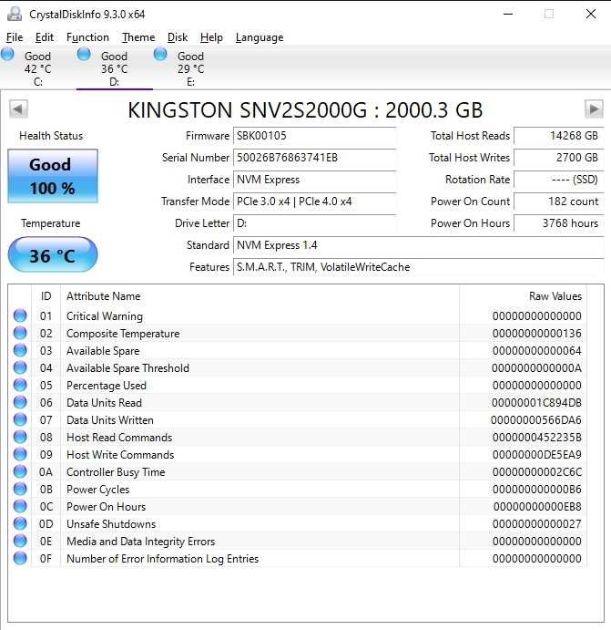 SSD диск Kingston NV2 2TB M.2 2280 NVMe PCIe 4.0 x4 (SNV2S/2000G)