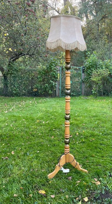 Lampa podłogowa stojąca drewno+mosiądz abażurem skóra VINTAGE komplet