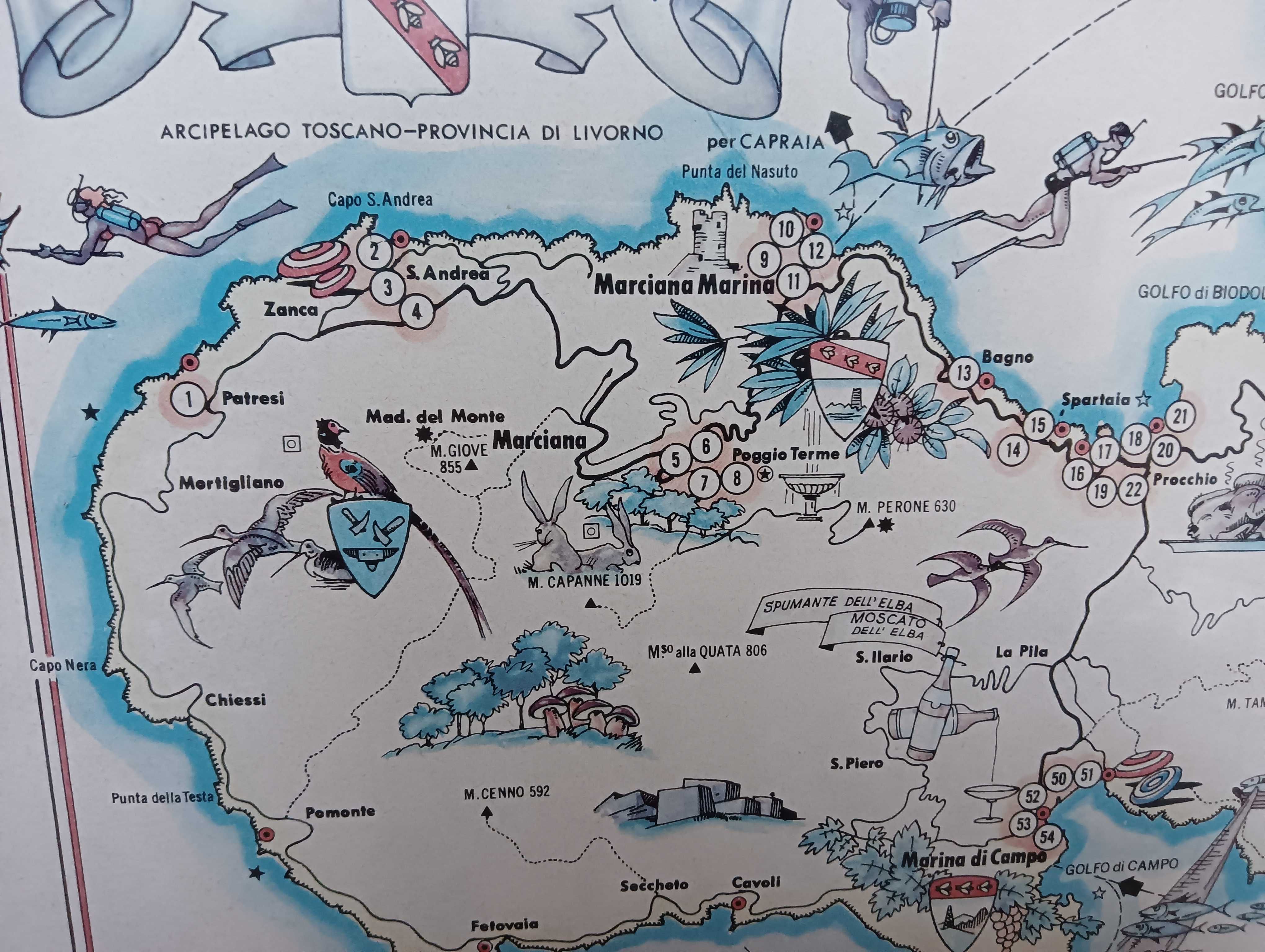 Stara mapa wyspy Elba Isola D'Elba Printed in Italy SAIGA Genova Retro