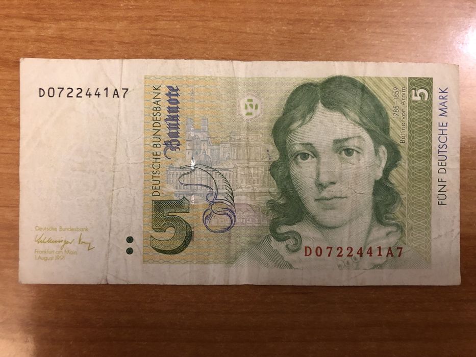 Banknot 5 marek niemieckich (Deutsche Mark) sierpień 1991