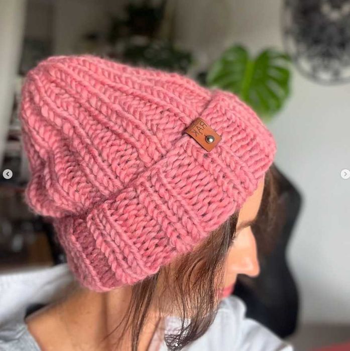 Czapka przewijana ciepła zrobiona ręcznie na drutach wełna peruwiańska