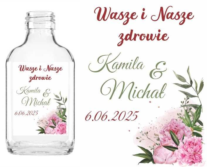 Buteleczka setka z naklejką WESELE ŚLUB na wódkę weselną 50 sztuk