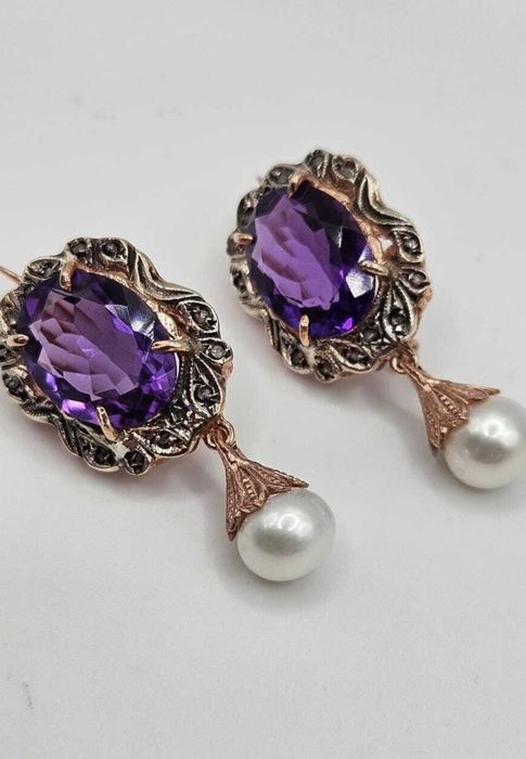 Brincos em ouro rosa 9 K e prata 925 com Ametista e Diamantes naturais